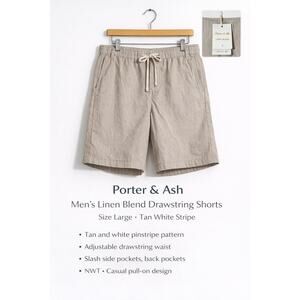 Porter & Ash Linen Blend Drawstring Shorts Tan Stripe Large NWT